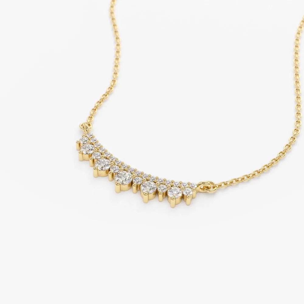 14K Solid Gold Round Diamond Curved Bar Necklace Micro Pave 0.39ctw