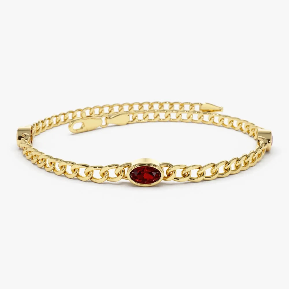14K Solid Gold Oval Garnet Bezel Set Cuban Link Bracelet 0.30 CTW