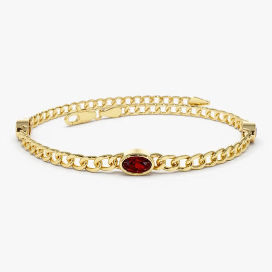 14K Solid Gold Oval Garnet Bezel Set Cuban Link Bracelet 0.30 CTW