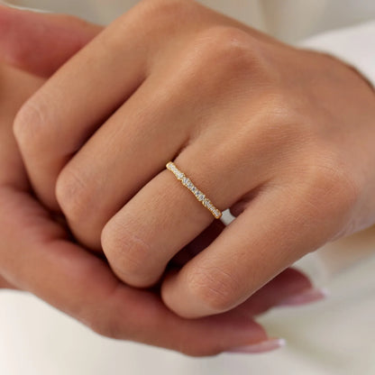 14k Gold Round Diamond Bamboo Pave Ring 0.15 ctw 2mm Band