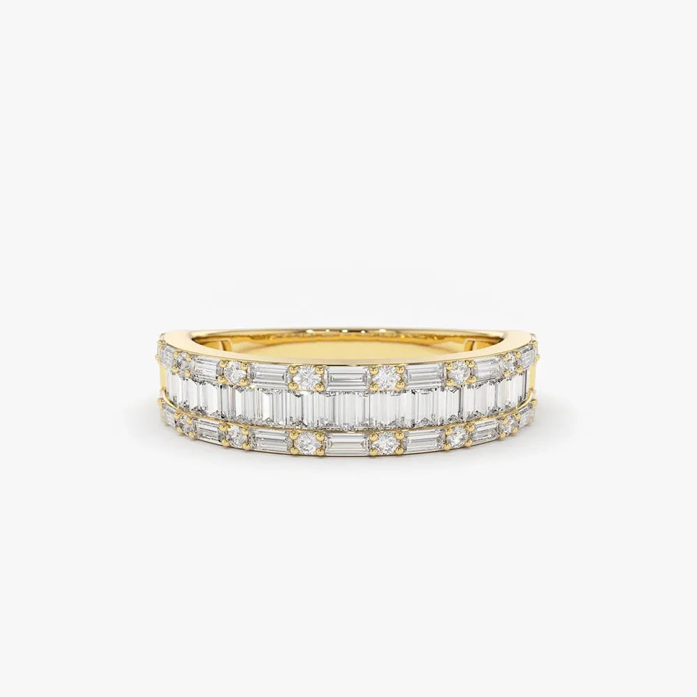 14K Solid Gold Baguette and Round Diamond 0.85 Carat Wedding Band