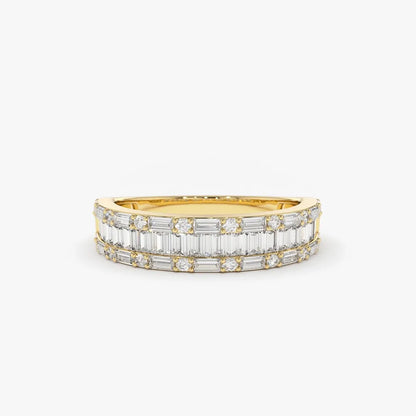 14K Solid Gold Baguette and Round Diamond 0.85 Carat Wedding Band