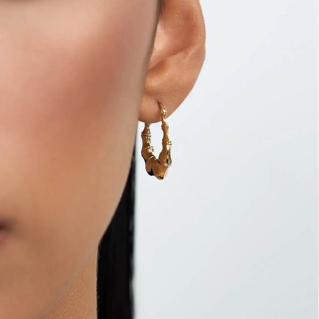 14k Yellow Gold Bamboo Style Hoop Earrings 20mm Outer Diameter