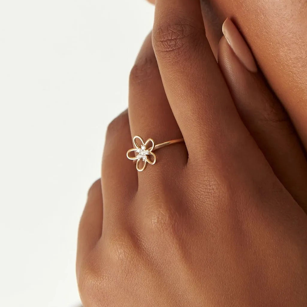 14K Solid Gold Round Diamond Flower Cluster Ring 0.10 ctw