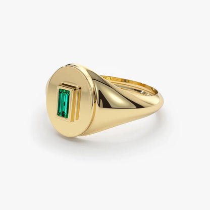 14K Solid Gold Baguette Emerald Bezel Set Signet Ring 0.15 CTW Handcrafted Jewelry