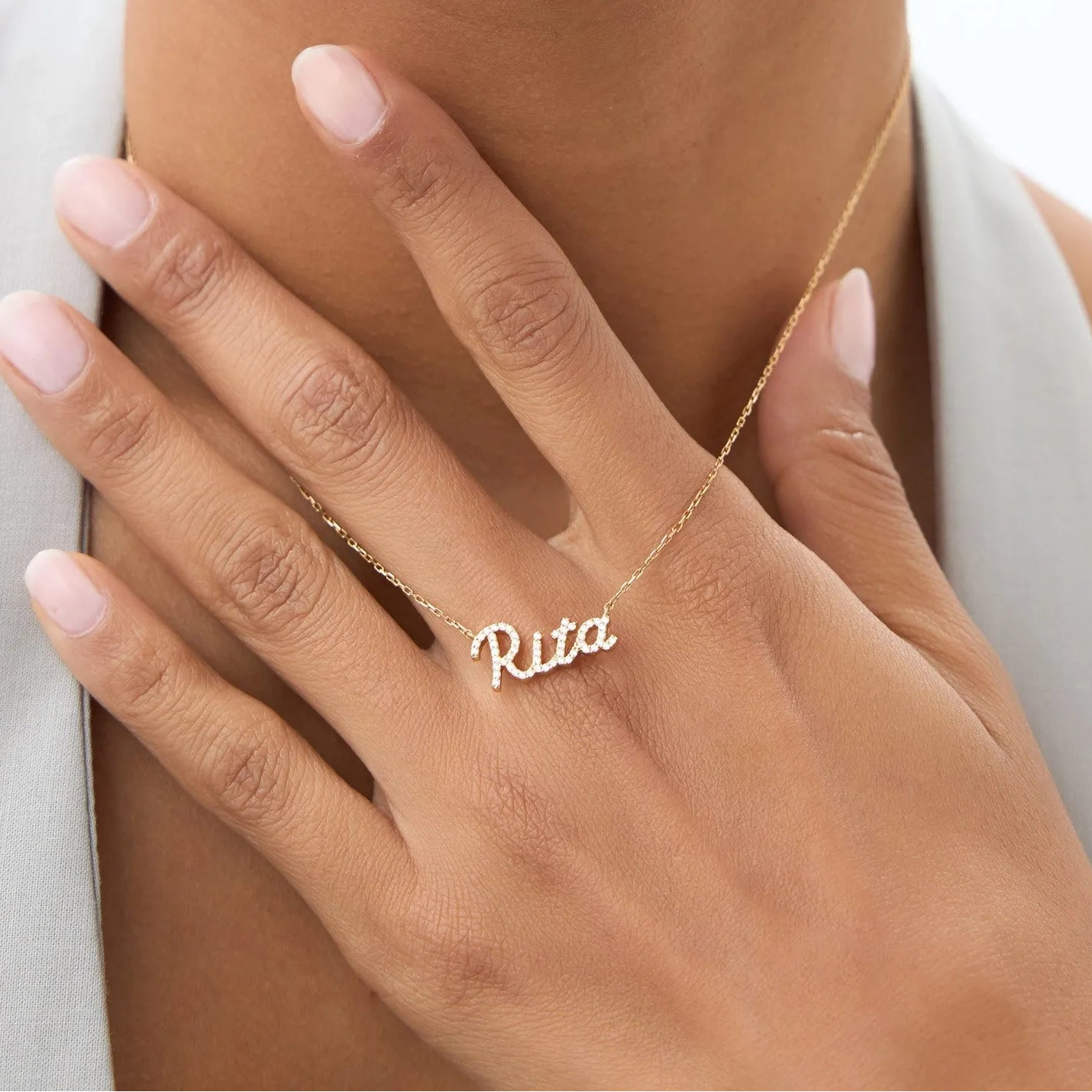14K Solid Gold Round Diamond Personalized Name Necklace 0.15 CTW Per Letter
