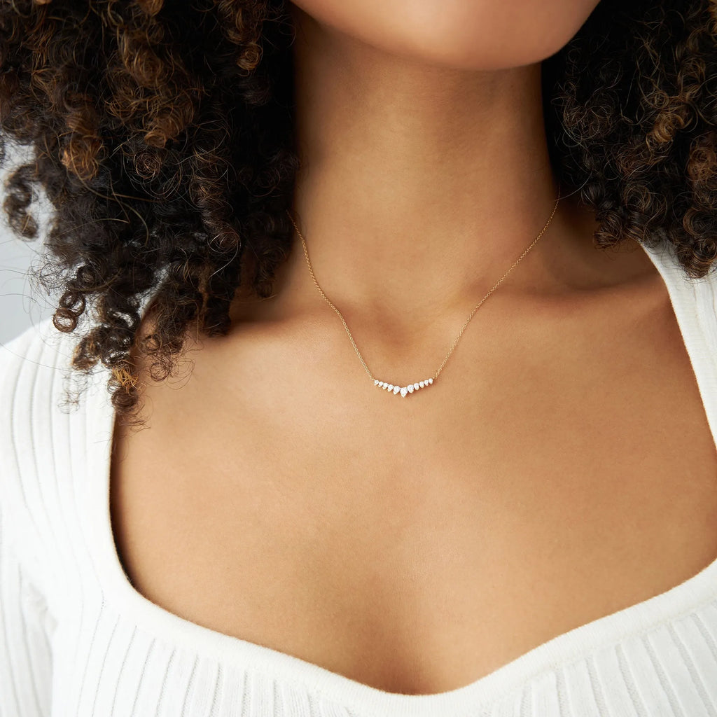 14K Solid Gold 0.32 CTW Round Diamond V Prong Chevron Necklace