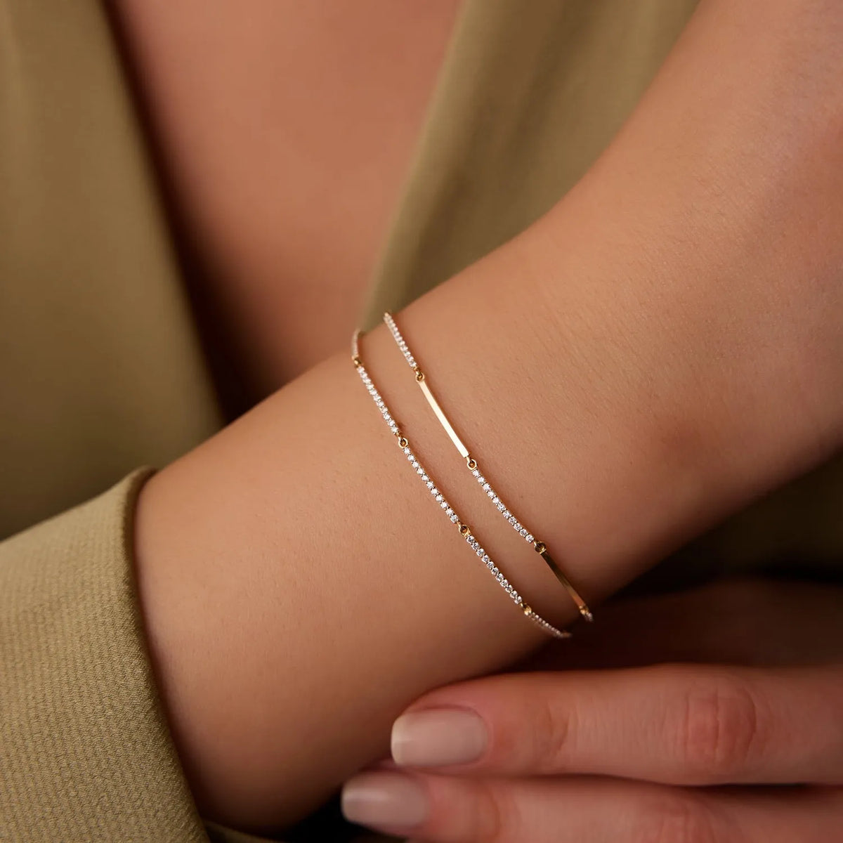 14K Solid Gold 0.60 CTW Round Diamond Micro-Pave Bar Stackable Bracelet