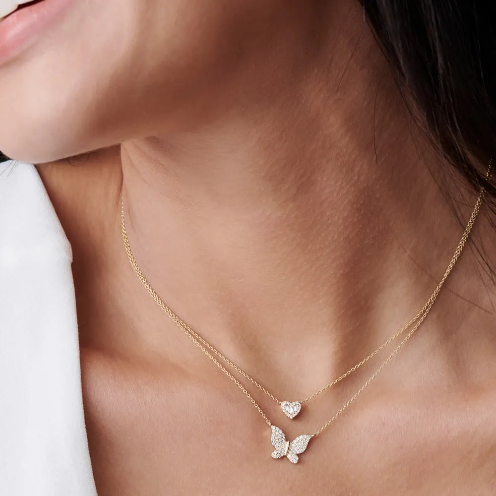 14K Solid Gold Round Diamond Pave Butterfly Pendant Necklace 0.29ctw