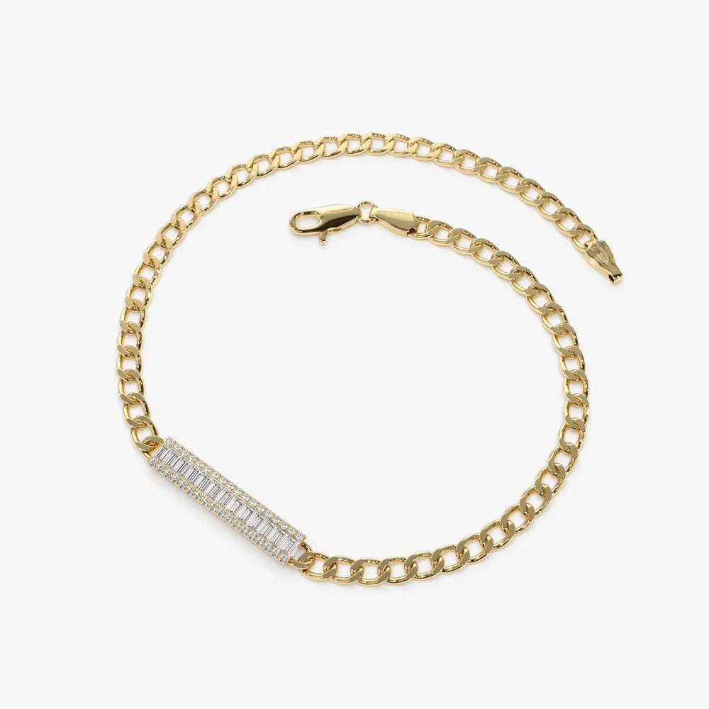 14K Solid Gold 0.42 CTW Baguette and Round Diamond Bar Curb Link Bracelet