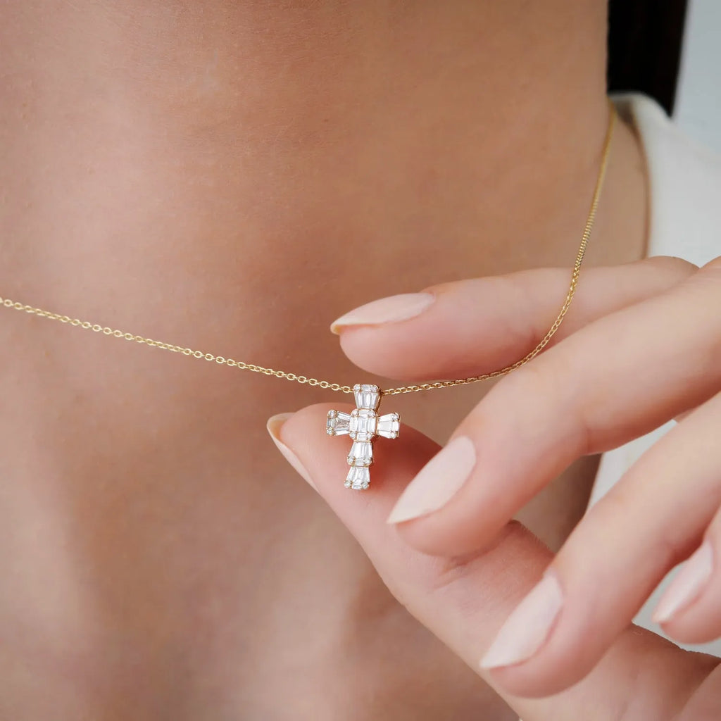 14k Solid Gold Baguette and Round Diamond 0.26 CTW Illusion Setting Cross