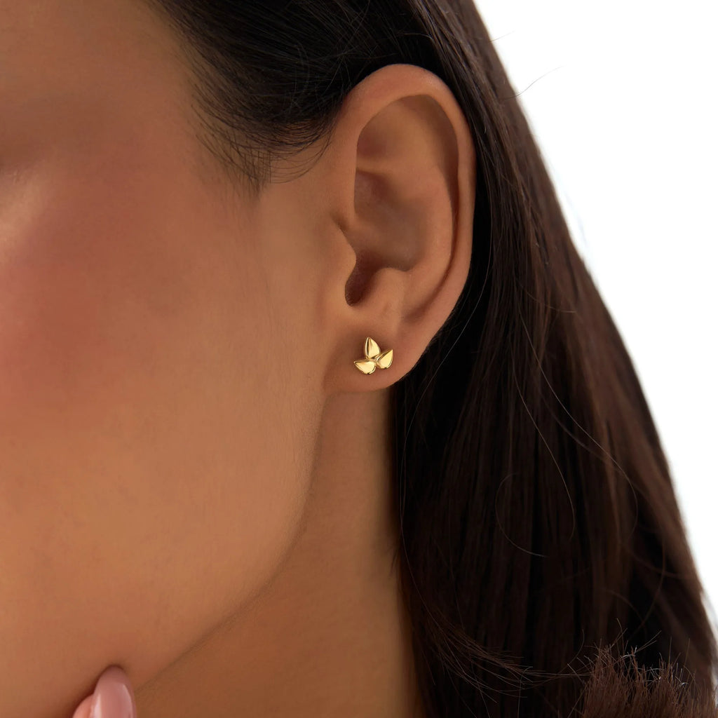 14k Solid Gold Trio Petal Stud Earrings 8.25mm Floral Design