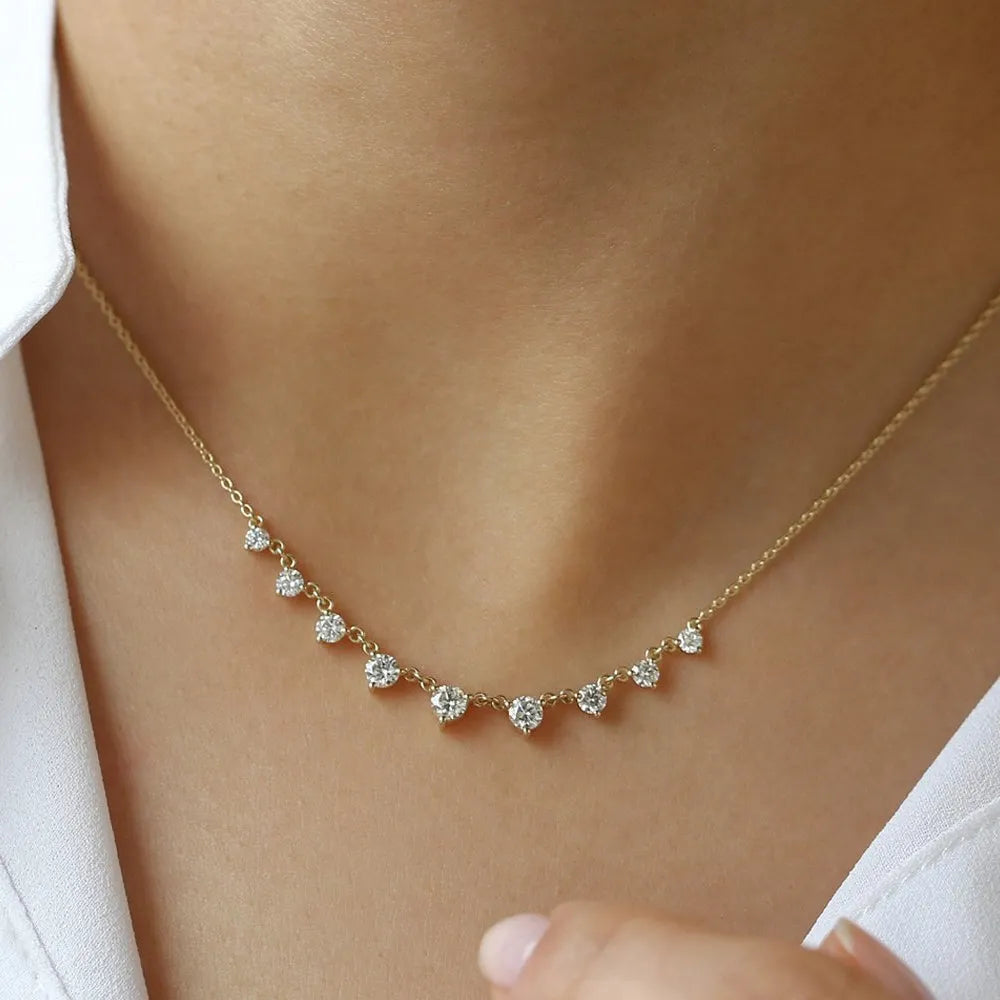 14K Solid Gold Round Diamond Graduating Necklace Prong Setting 1.05ctw