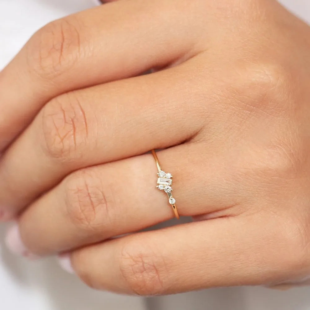 14K Solid Gold 0.15 Ctw Slanted Baguette and Round Diamond Asymmetrical Ring