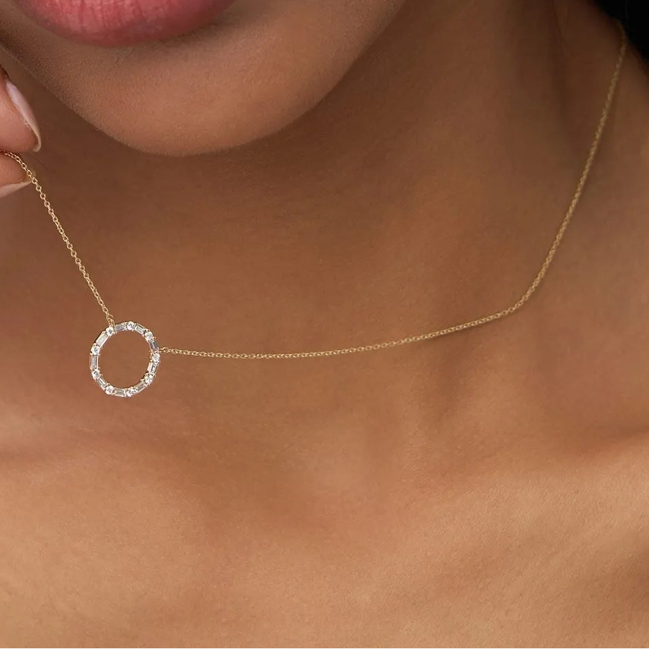 14K Solid Gold 0.30 CTW Baguette and Round Diamond Circle Necklace
