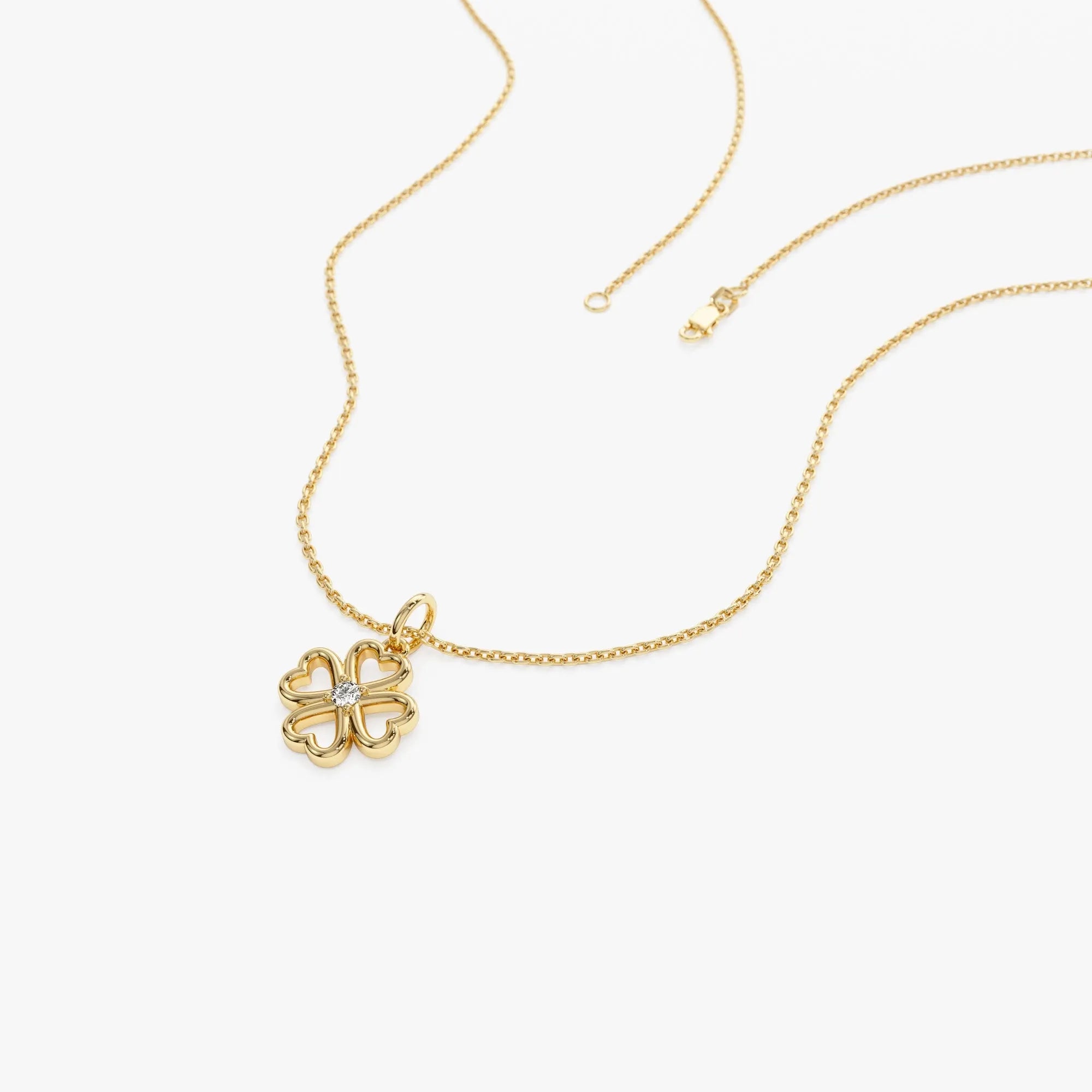 14K Solid Gold 0.04 CTW Round Diamond Single Clover Necklace