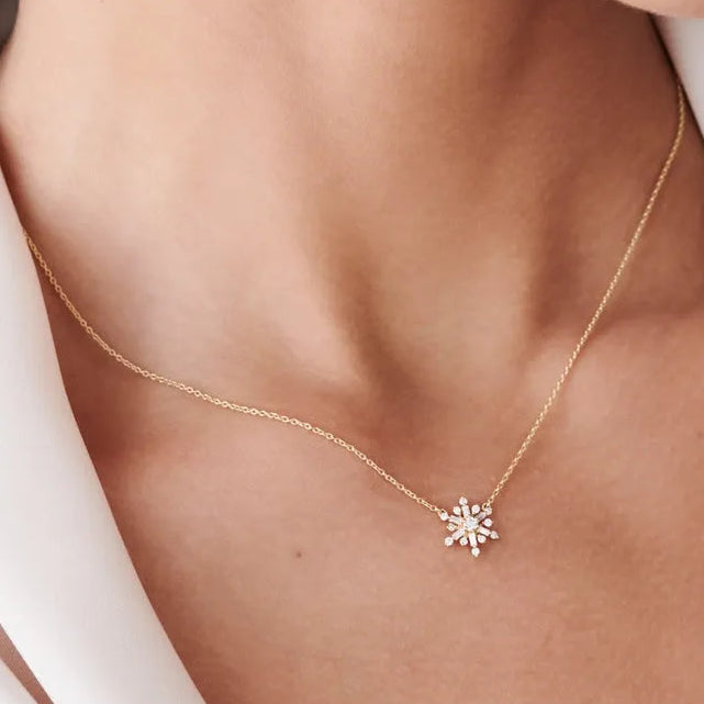 14K Solid Gold Baguette and Round Diamond Snowflake Pendant Necklace 0.25ctw