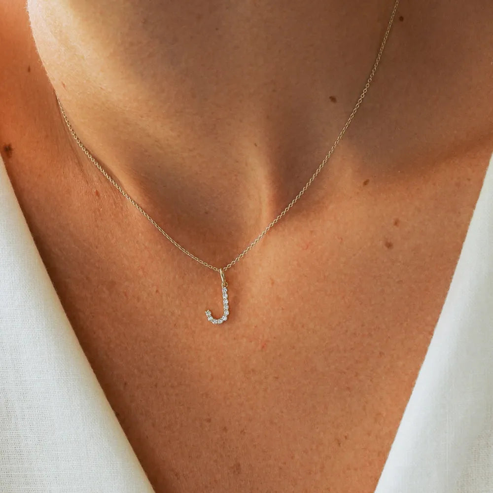 14K Solid Gold Round Diamond Medium Initial Letter Pendant Necklace 0.30ctw