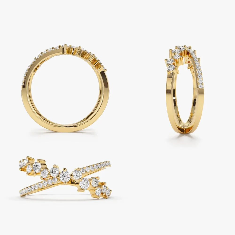 14k Gold Round Diamond Criss Cross Cluster Ring 0.53ctw Micro Pave Setting