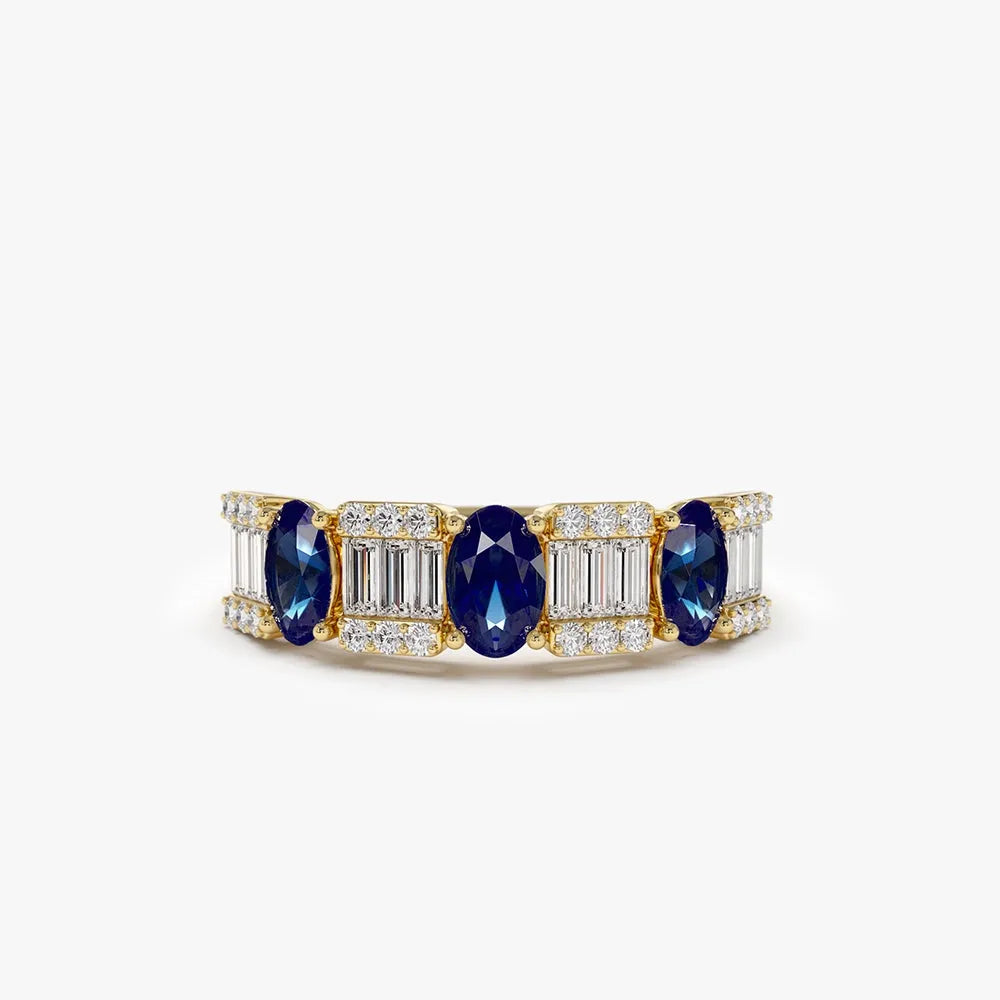14k Gold Sapphire and Diamond Oval Baguette and Round Cut Ring 1.46 ctw