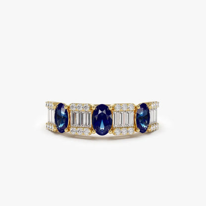 14k Gold Sapphire and Diamond Oval Baguette and Round Cut Ring 1.46 ctw