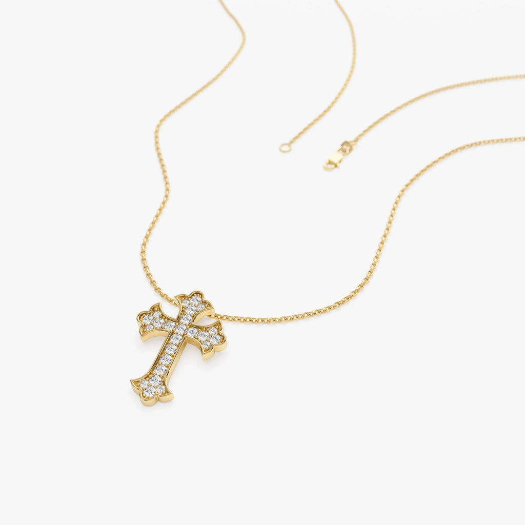 14K Solid Gold 0.32 CTW Round Diamond Gothic Cross Pave Setting Necklace
