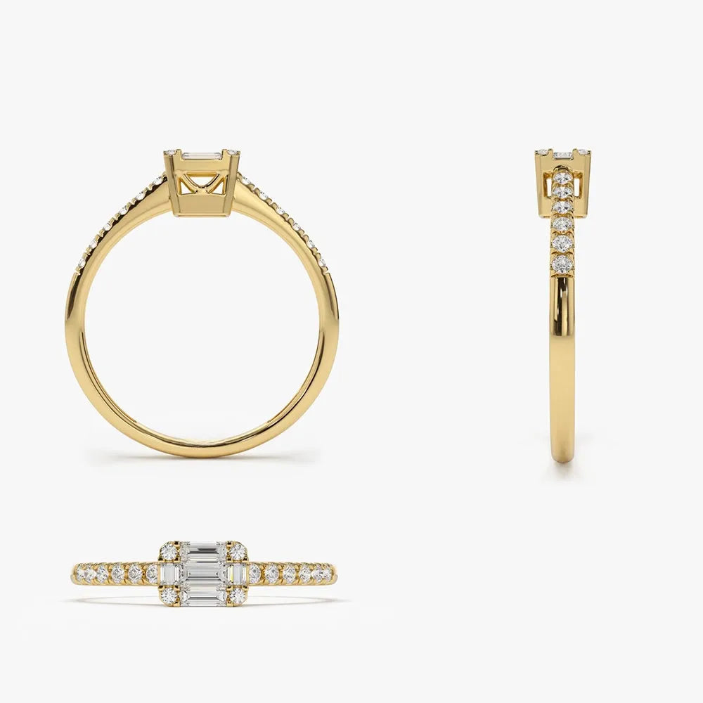 14k Gold 0.33 CTW Baguette Diamond East to West Illusion Setting Micro Pave Ring