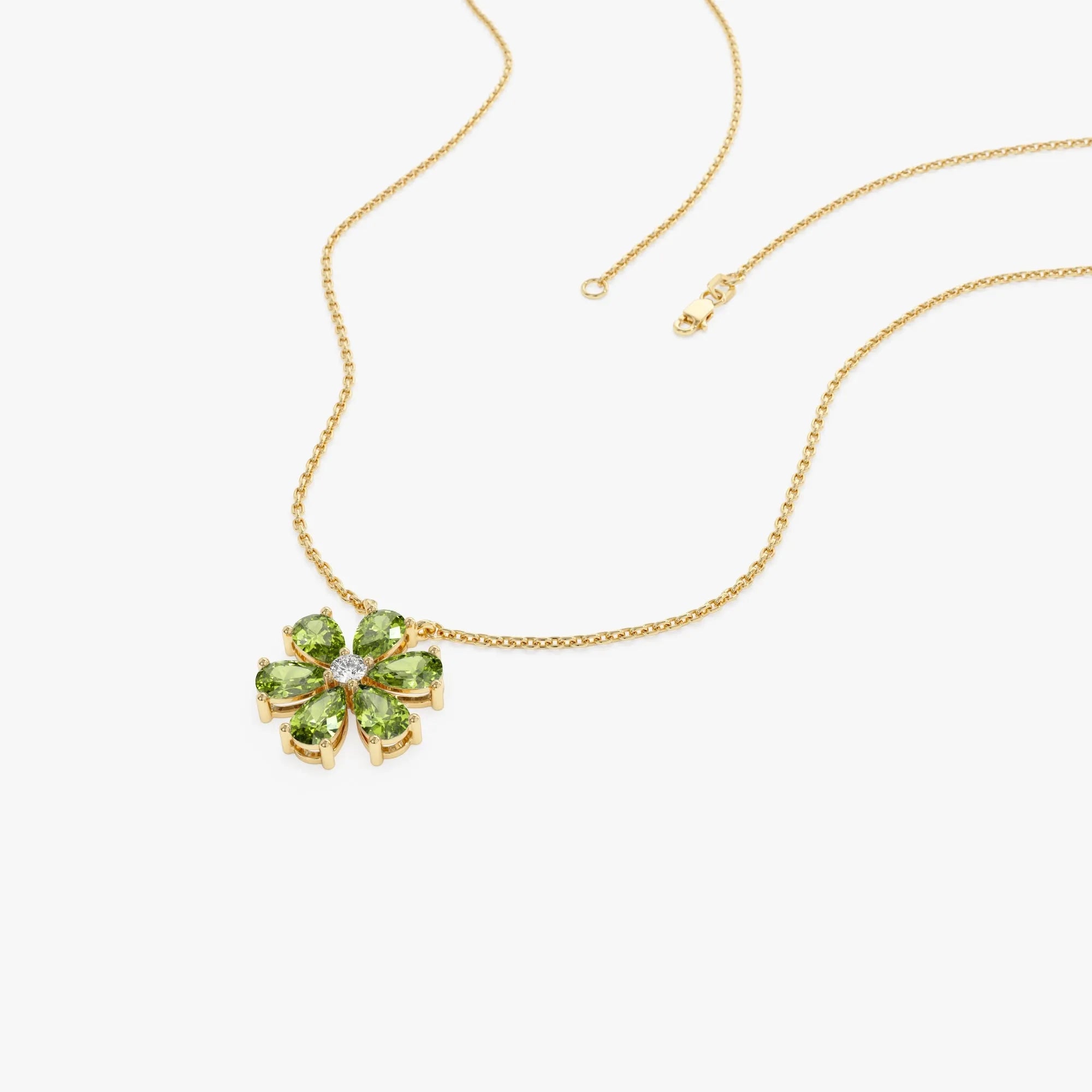 14k Solid Gold Peridot and Diamond Pear and Round Flower Necklace 1.45 Carat
