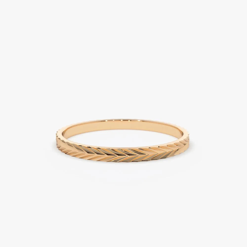 14K Solid Gold Chevron Herringbone Eternity Cut Minimalist Wedding Band Ring