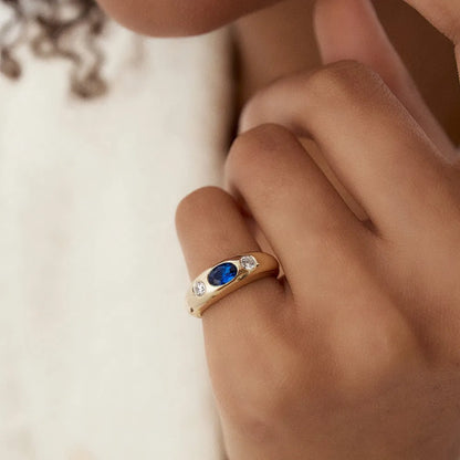 14k Gold Blue Sapphire and Diamond Oval Round Cut Dome Ring 0.80 ctw