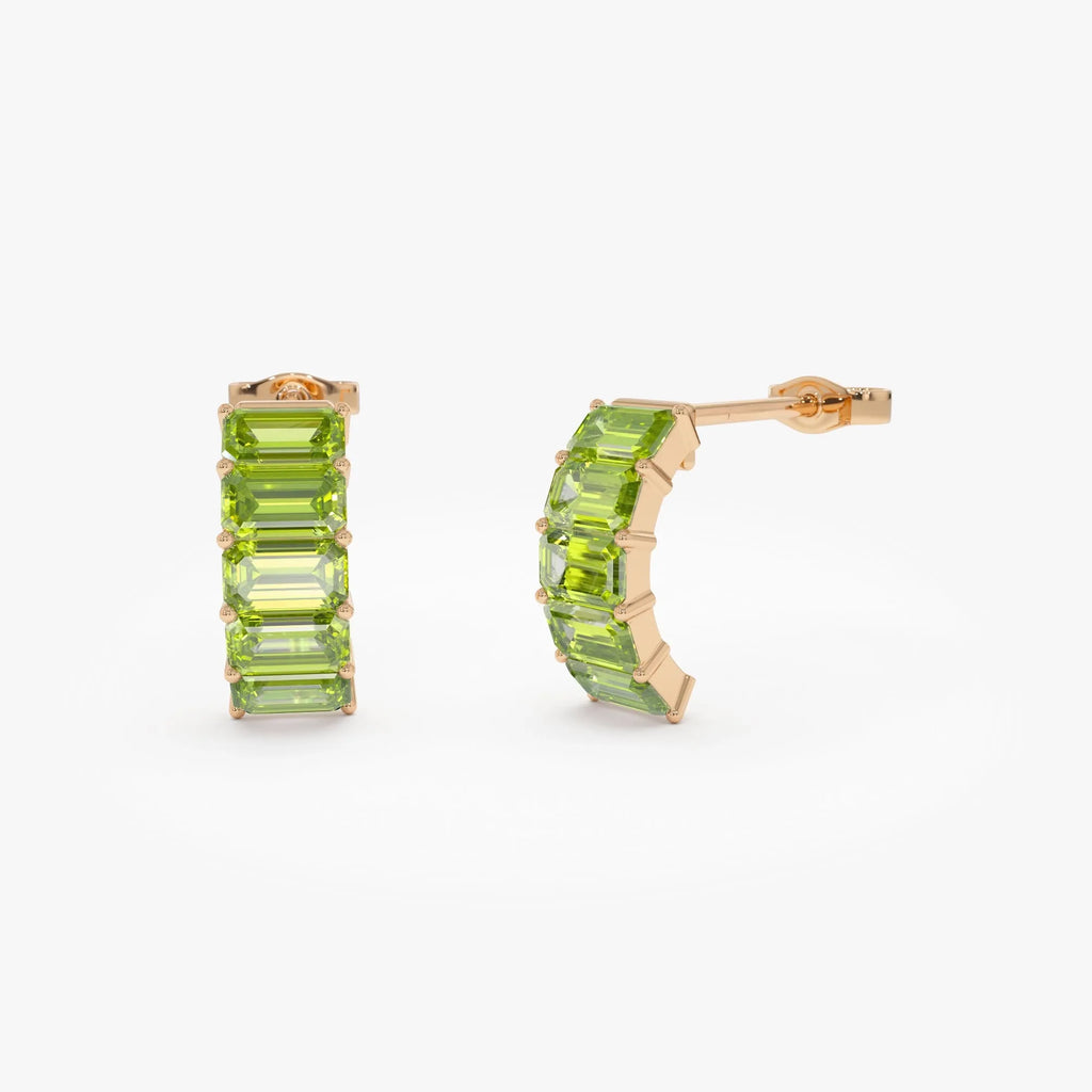 14K Solid Gold Octagon Cut Peridot Half Hoop Earrings 2.80ctw