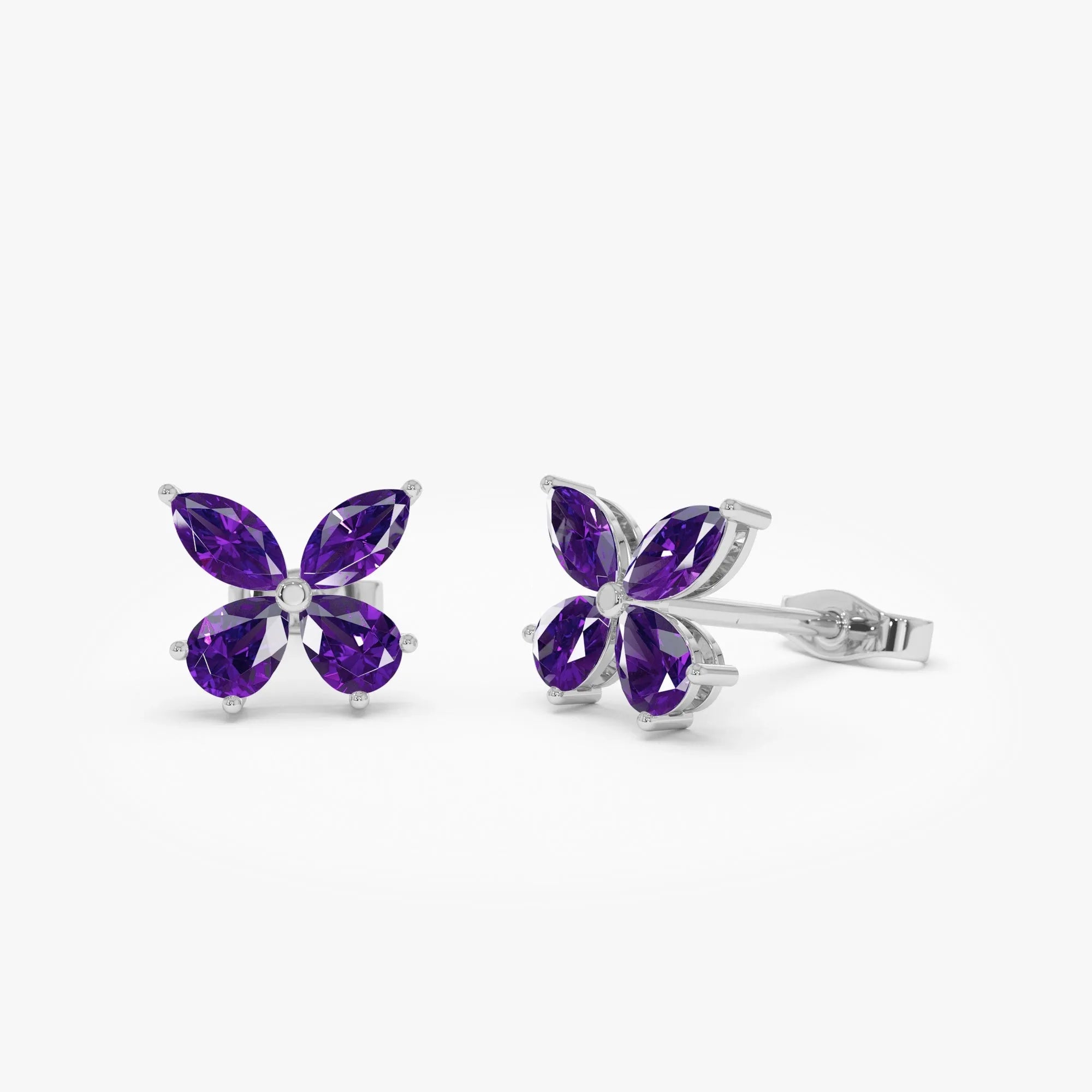 14K Solid Gold Marquise and Pear Cut Amethyst Butterfly Stud Earrings 1.15ctw