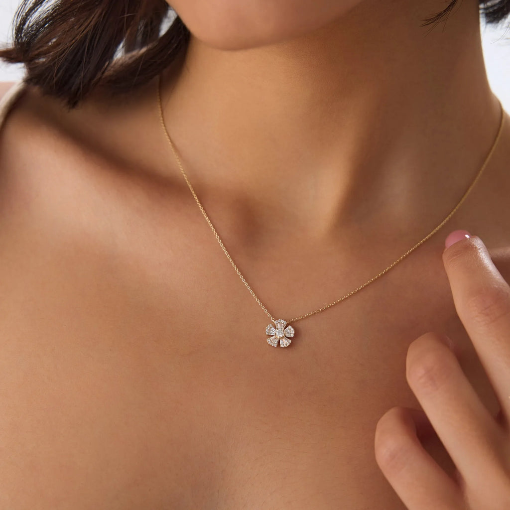 14K Solid Gold 0.40 CTW Baguette and Round Diamond Flower Necklace