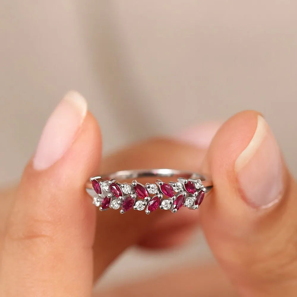 14k Gold Natural Ruby and Diamond Marquise and Round Cut Two Row Ring 0.65 ctw