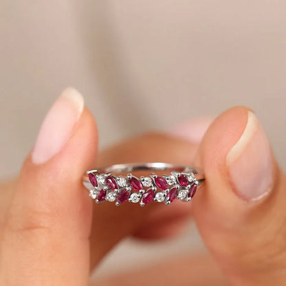 14k Gold Natural Ruby and Diamond Marquise and Round Cut Two Row Ring 0.65 ctw