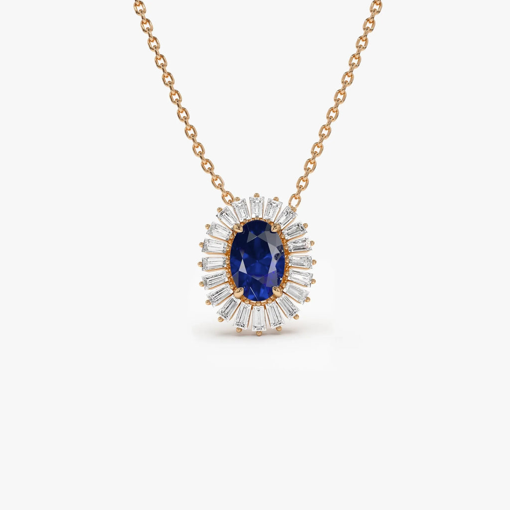 14k Solid Gold Sapphire and Diamond Oval Baguette Halo Necklace 0.70 Carat Prong Setting