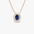 14k Solid Gold Sapphire and Diamond Oval Baguette Halo Necklace 0.70 Carat Prong Setting