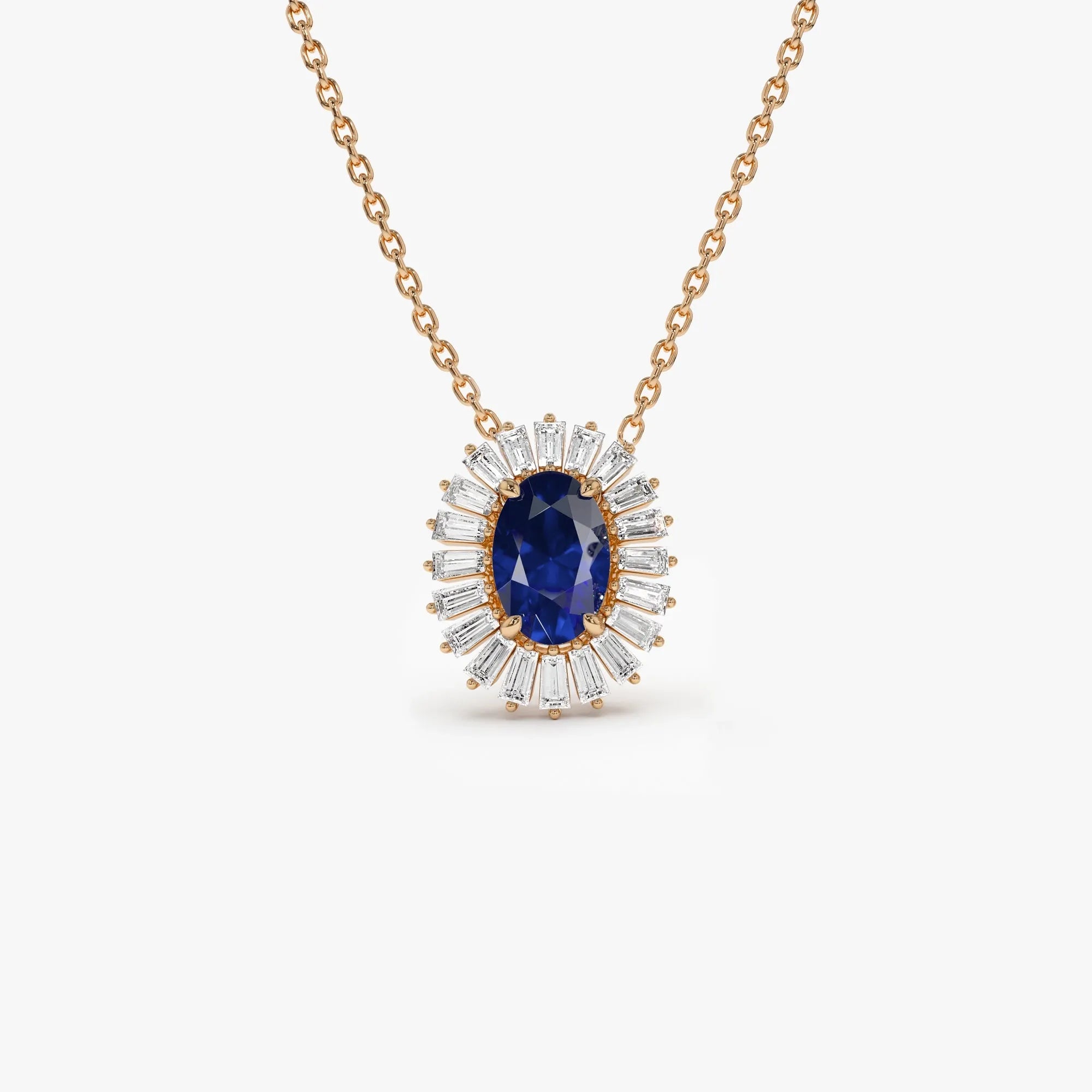 14k Solid Gold Sapphire and Diamond Oval Baguette Halo Necklace 0.70 Carat Prong Setting
