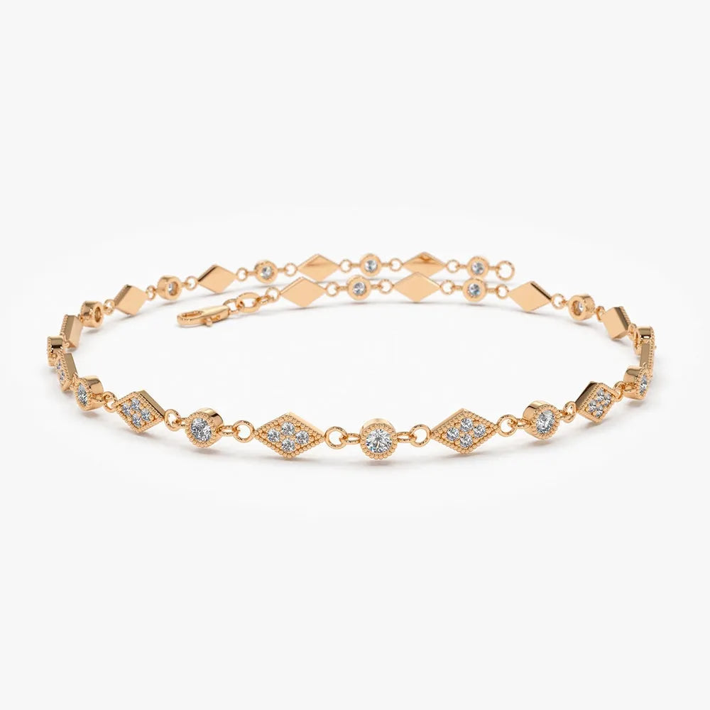 14K Solid Gold 0.55 CTW Round Diamond Art Deco Milgrain Bracelet