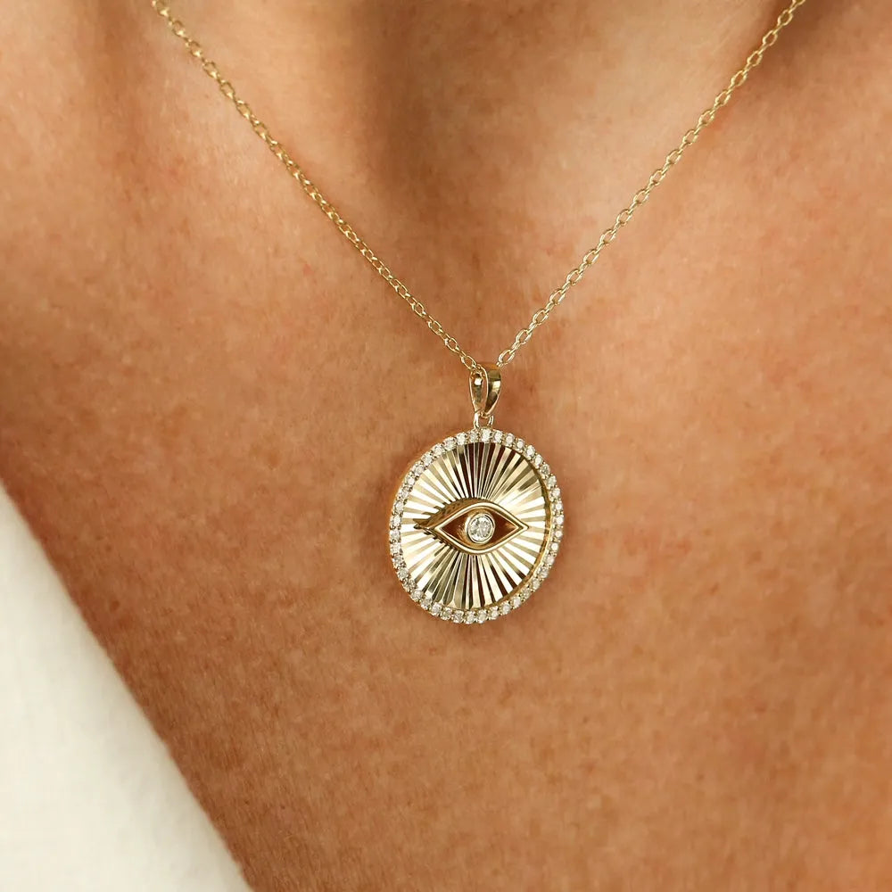 14K Solid Gold Round Diamond Evil Eye Medallion Disc Necklace 0.29ctw