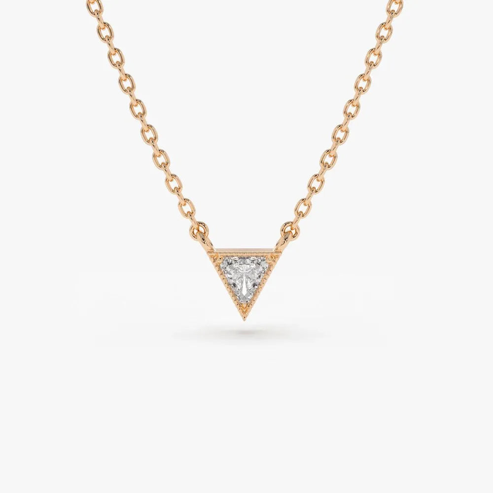 14K Solid Gold Triangle Cut Diamond Solitaire Necklace Micro Prong Setting 0.15ctw