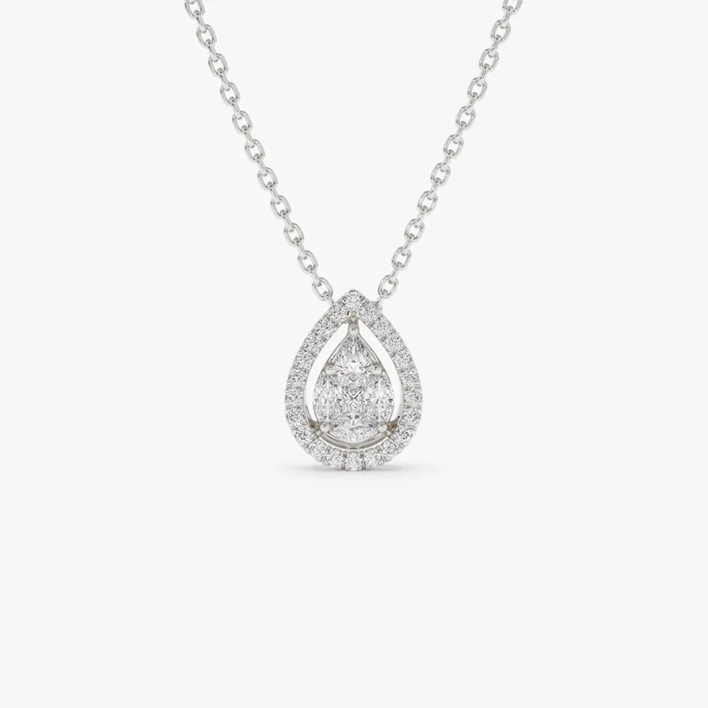 14K Solid Gold Pear Shape Diamond Illusion Setting Halo Pendant Necklace 0.25ctw
