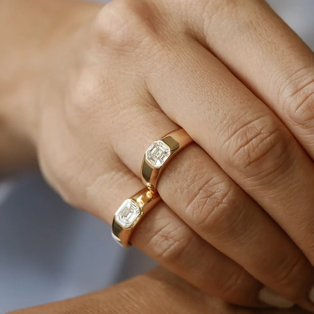 14k Solid Gold 0.40 Carat Diamond Asscher Cut Illusion Mosaic Solitaire Pinky Ring Invisible Bezel Setting