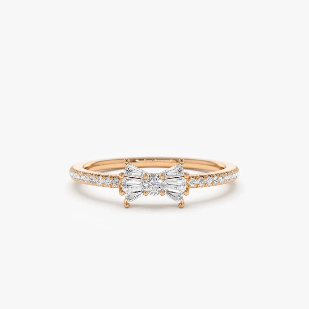 14k Gold 0.25 ctw Baguette and Round Diamond Bow Ring