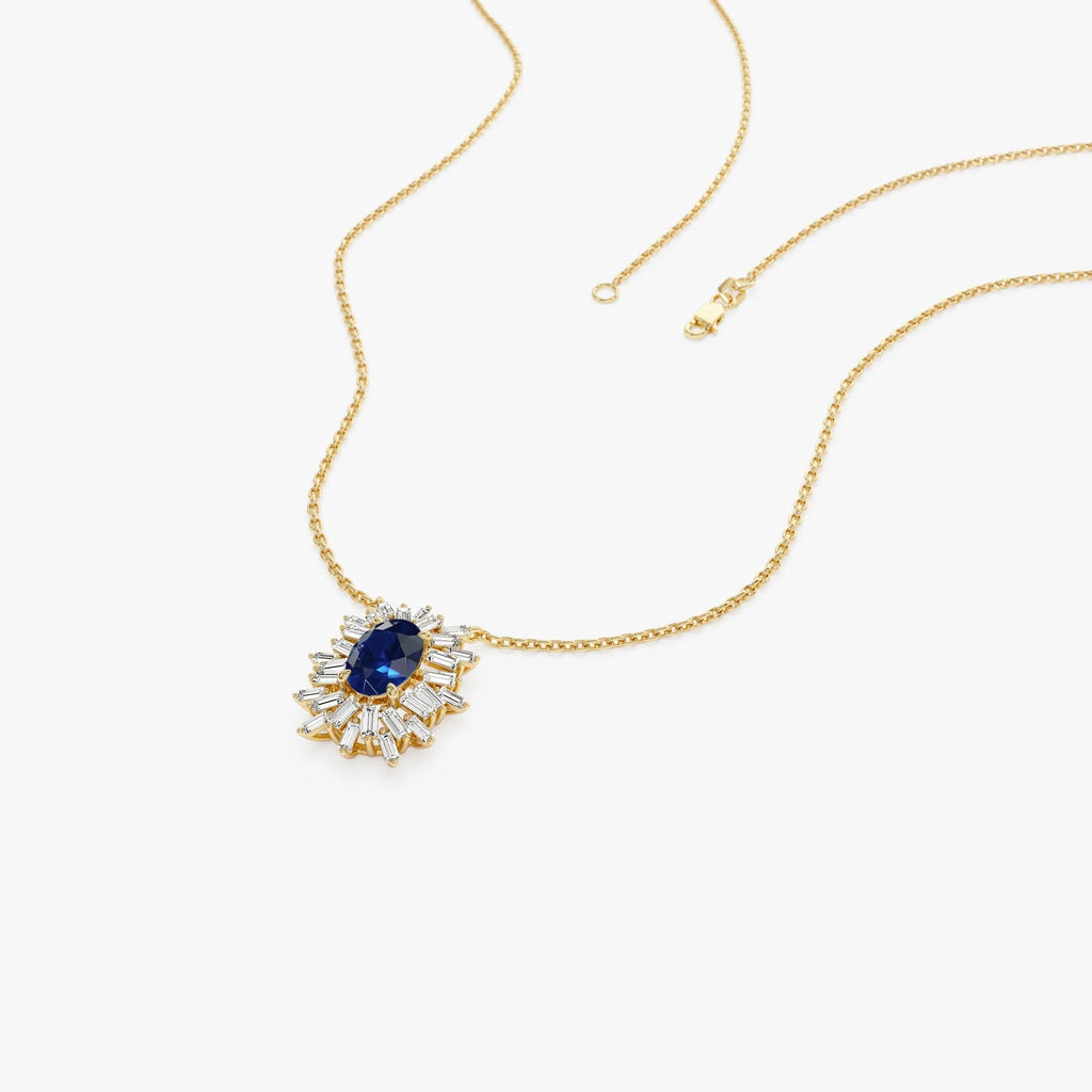 14k Solid Gold Sapphire and Diamond Oval Baguette Ballerina Necklace 0.71 Carat Prong Setting