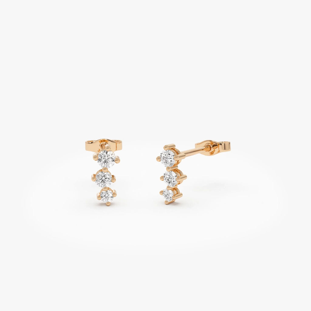 14k Gold Diamond Round Cut Three Stone Stud Earrings 0.35 ctw
