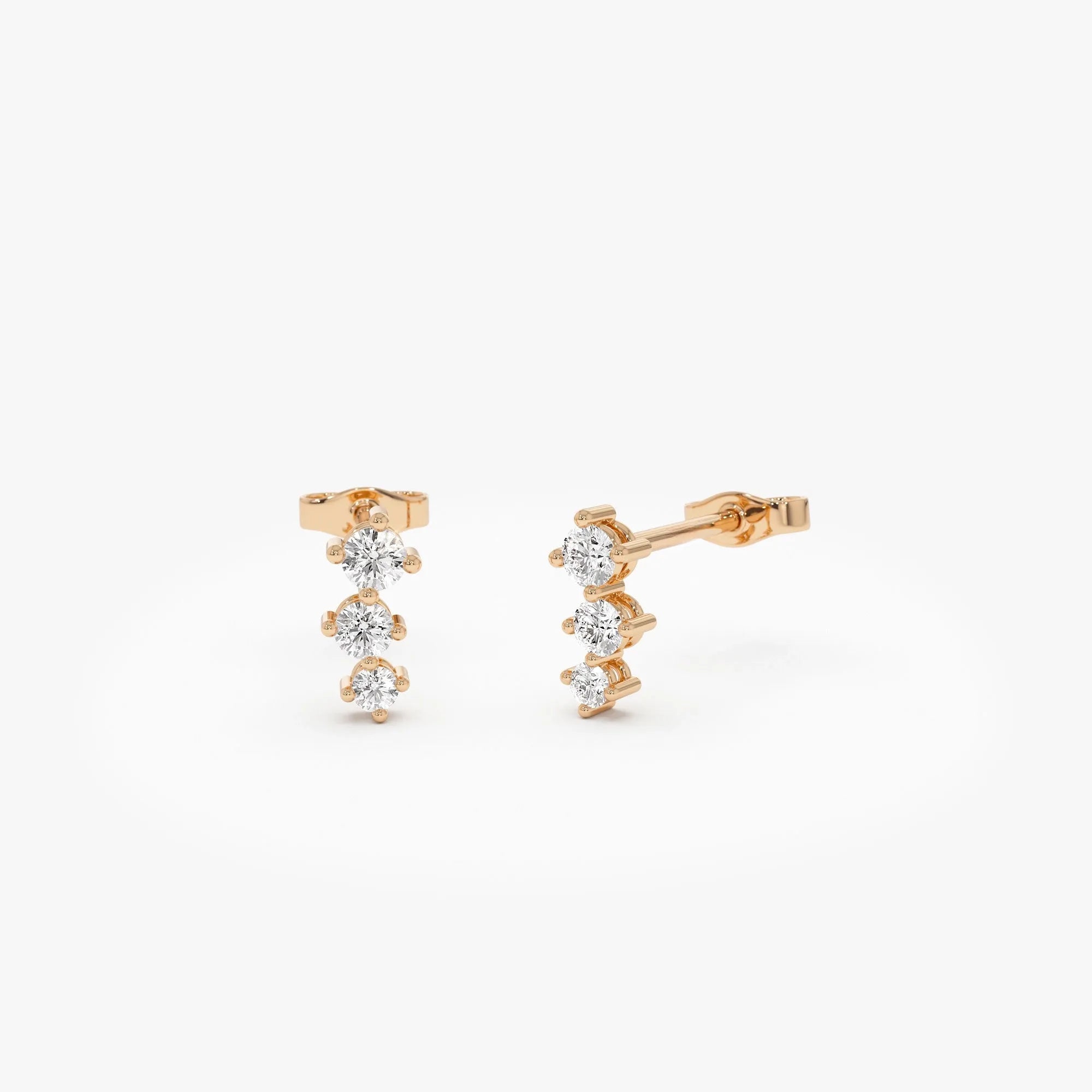 14k Gold Diamond Round Cut Three Stone Stud Earrings 0.35 ctw