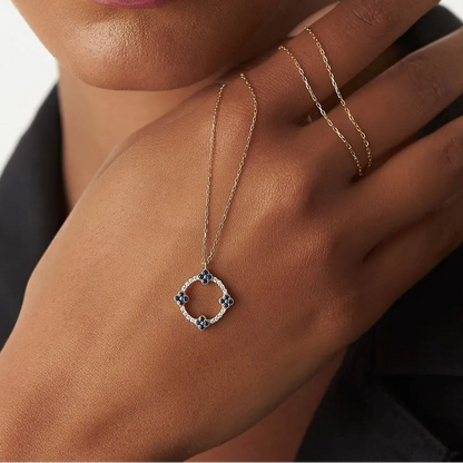 14k Solid Gold Sapphire and Diamond Round Clover Necklace 0.33 Carat