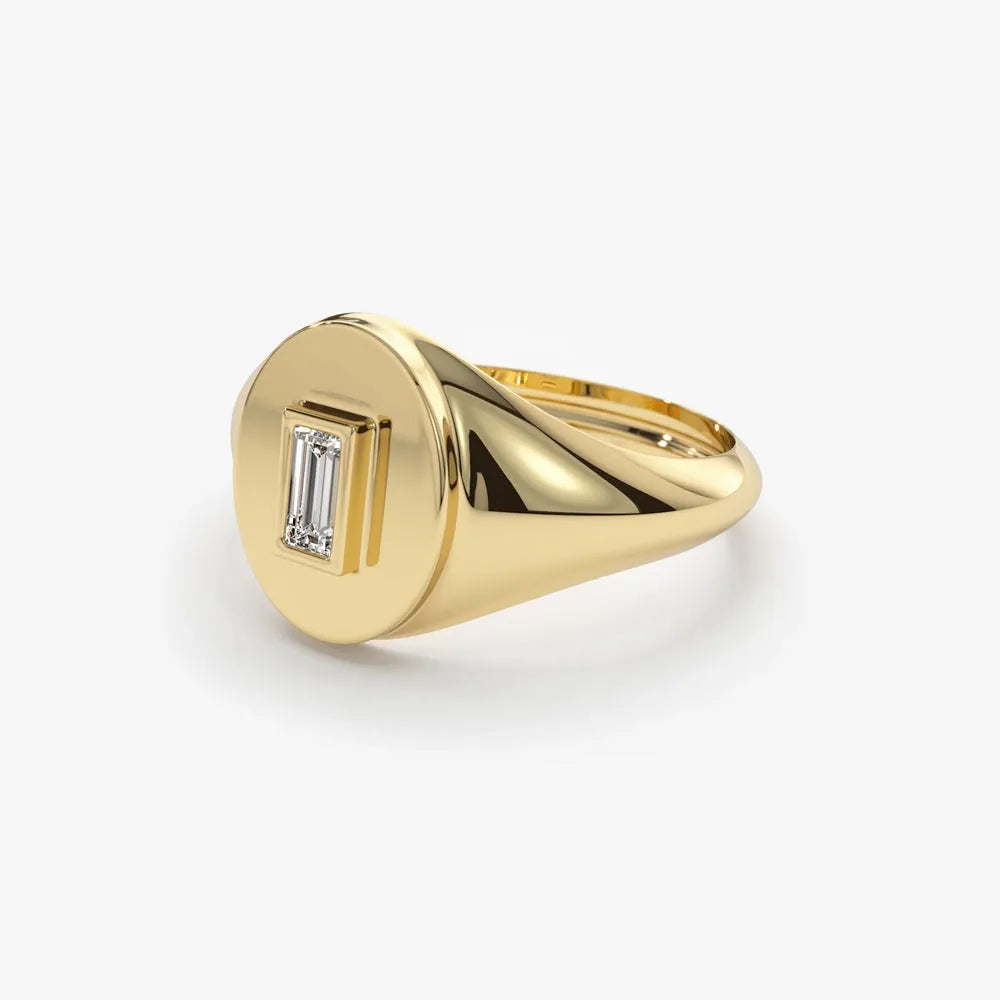 14K Gold Baguette Diamond Bezel Set Oval Signet Ring 0.13ctw