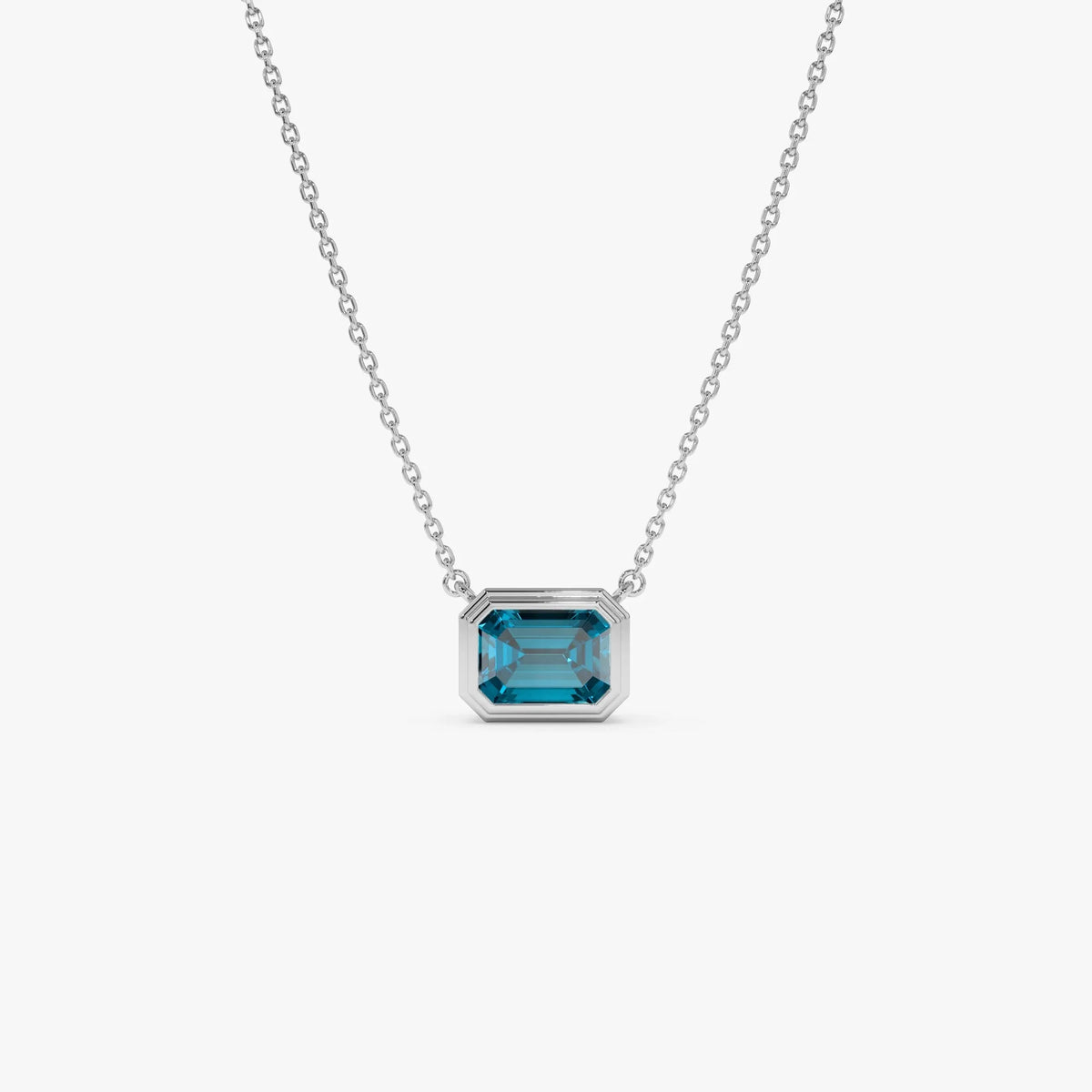 14k Solid Gold London Blue Topaz Emerald Cut Necklace 1.25 Carat Bezel Setting